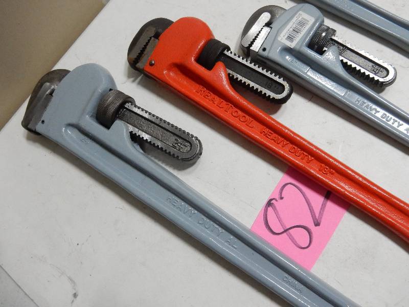 lot 82 image: set of 4 pipe wrenches  24in 13in 2, 14in.