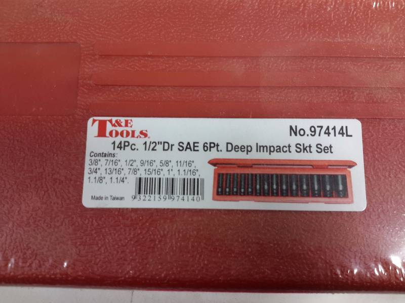 lot 21 image: T and E Tools, 14 Pc 12 in Dr SAE Deep Impact Socket Set