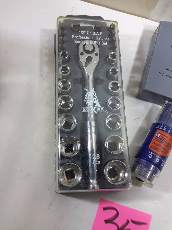 lot 35 image: 2 Drill bit sets  1 BOXER, 12 in DR SAE Socket and bit Set