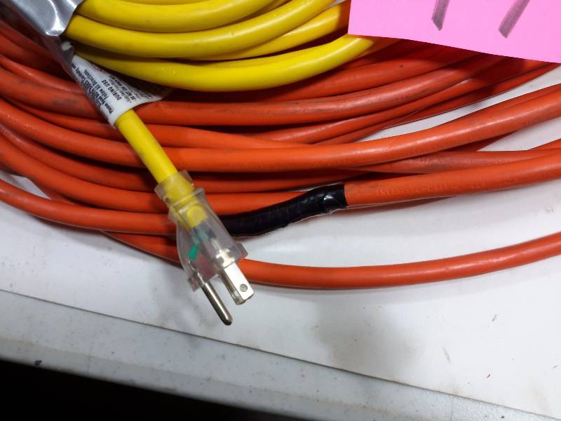 lot 44 image: 1, 100 ft 12 Gauge, extension cord (has a small repair, but only outside sheathing was damaged. All inside wires ok) 25 ft 12 Gauge Extension cord, 24 in fluorescent light (tested and works).