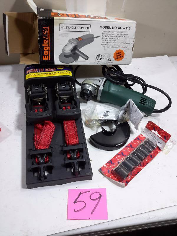 lot 59 image: 4 12 in angle grinder BOXER Tie downs 7 piece socket set