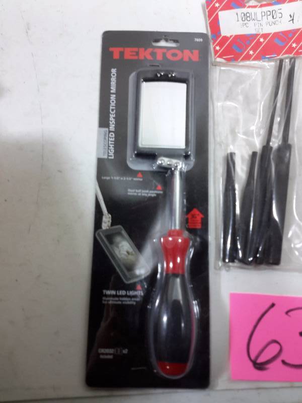 lot 63 image: Misc. punches, wrenches, hatchet, lighted inspection  mirror