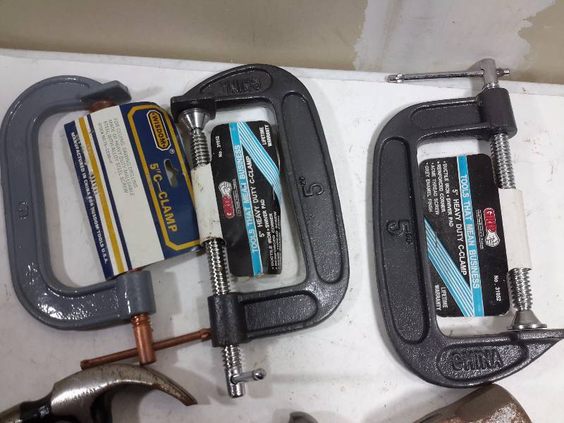 lot 107 image: claw hammer, rubber mallet, 3 lb hammer, Ball peene hammer  3, 5 in c clamps, flexible extender