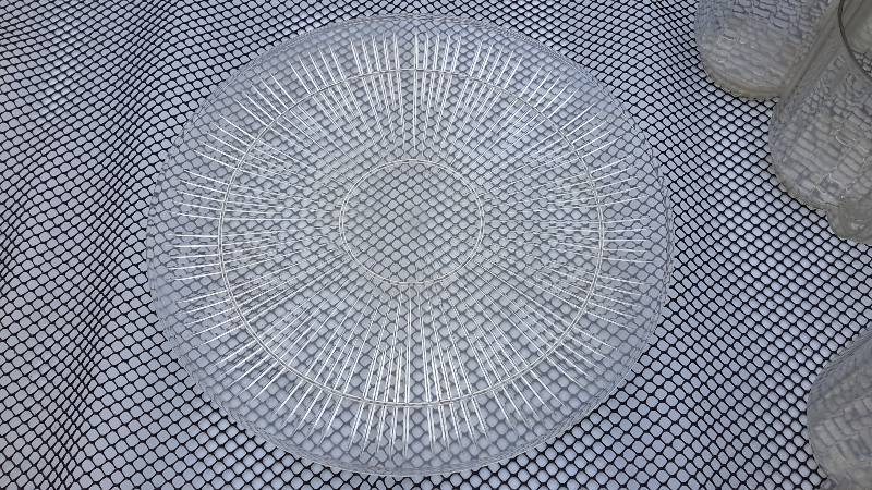 Clear serving platter with 5 plastic poor Pitchers