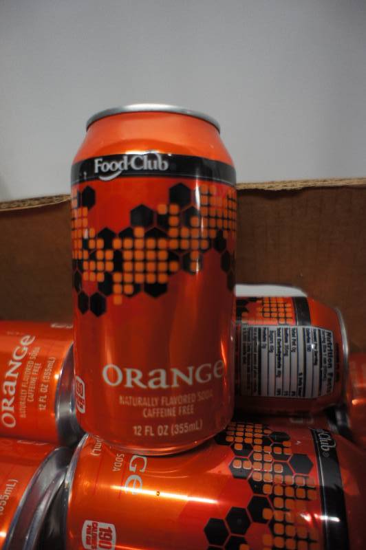 Lot of 57 Cans of Food-Club Orange Soda 12 oz Per Can - Exp 817
