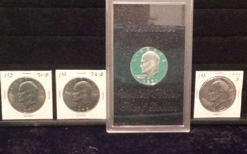 Lot - 1971 Eisenhower Proof Dollar in Case & 1971D, 1972D, 1975D Dollars