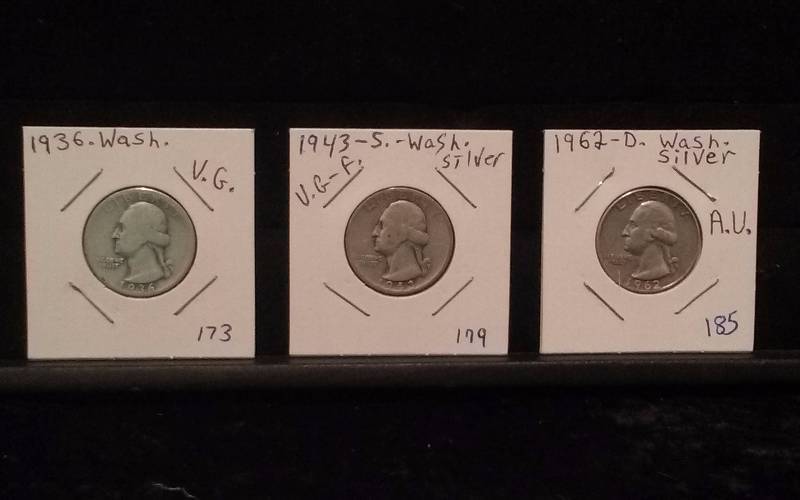 Lot - Washington Quarters, 1936, 1943S, 1962D, 90% silver