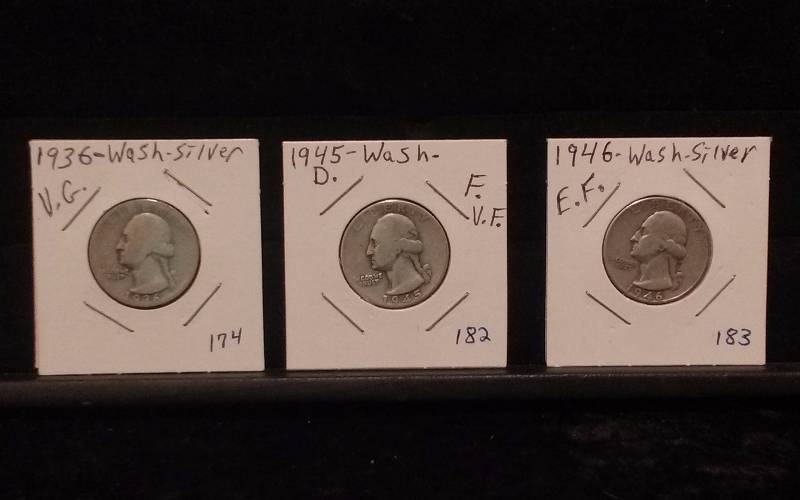 Lot - Washington Quarters, 1936, 1945D, 1946, 90% silver
