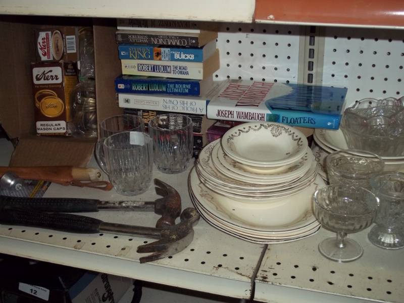 lot 13 image: Hammers, Filet knife, books and canning lids