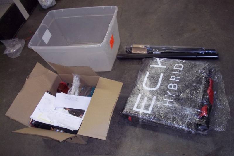 lot 261 image: Tarp, pair of table legs, metal scissors, clear tote, pencil sharpener