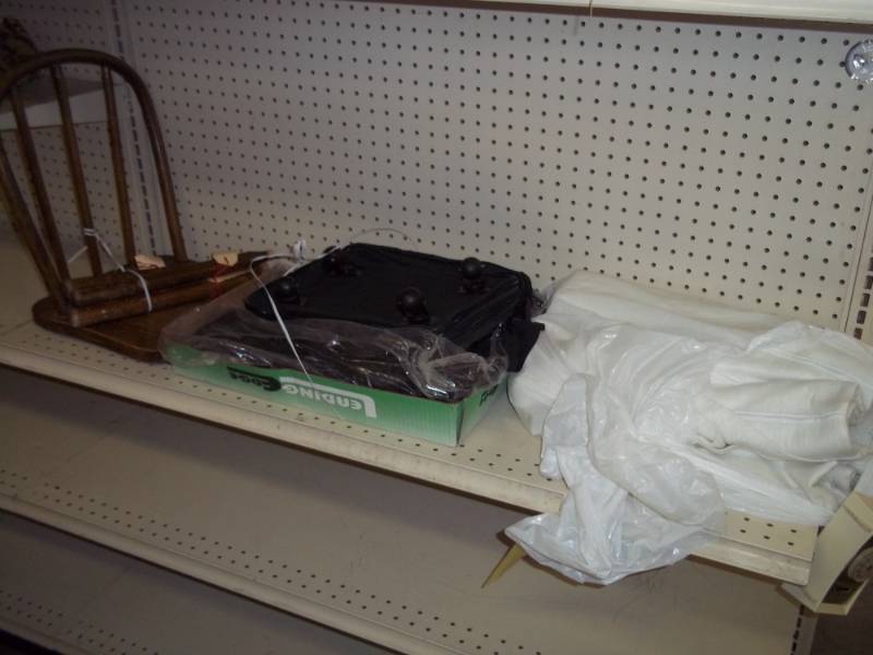 lot 298 image: Electric blanket, suitcase, wood chair that needs repair