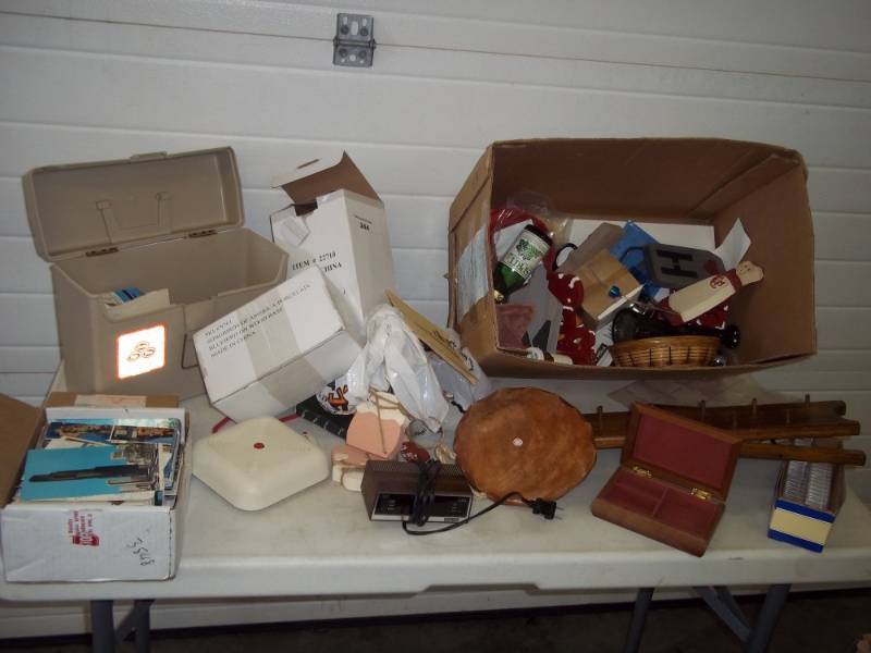 lot 301 image: Post cards, plastic lantern, bird dcor, fire alarm, Friskers scissors