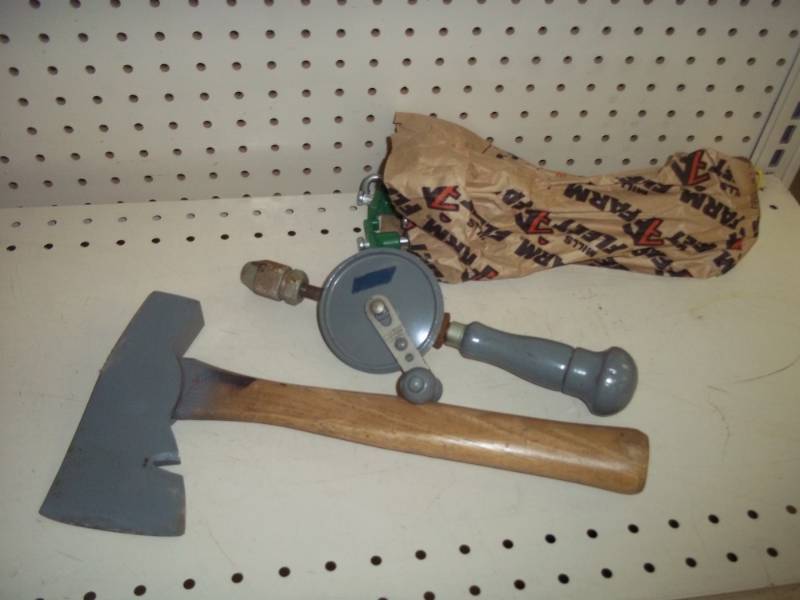 lot 308 image: Hatchet, vintage drill and stakes