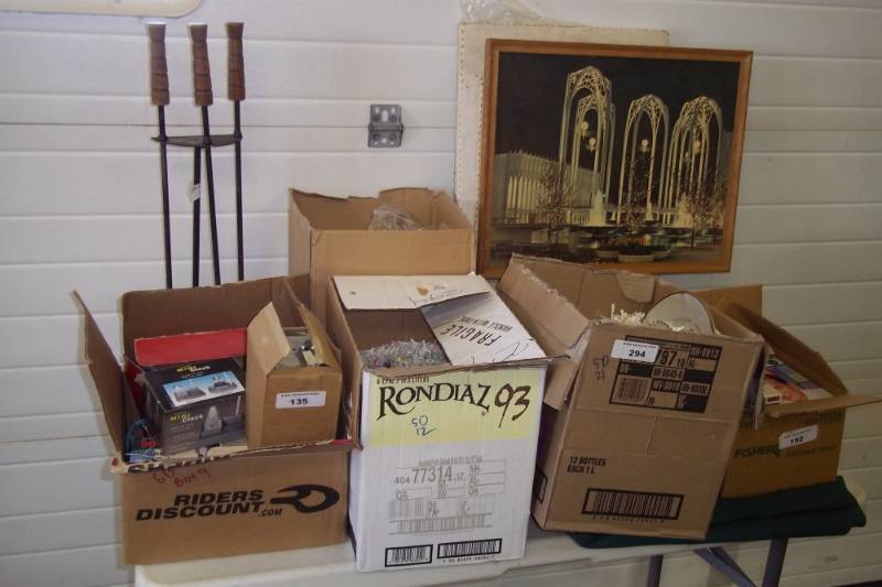lot 314 image: Magnetic nail holster, ironer, poker, stove ash scooper, stove sweeper, mini clock, magnetic tapes, coffee mugs, plates, painting