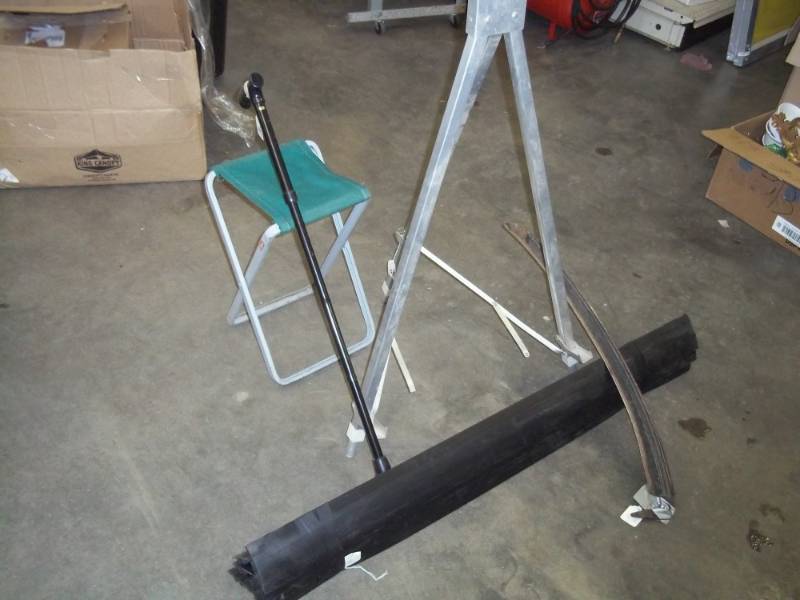 lot 326 image: Scythe blade, folding cane, Coleman folding stool, plastic trim, easel