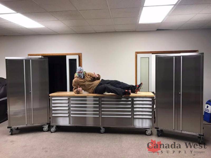 NEW 96 IN STAINLESS STEEL BENCH & (2) 72 IN CABINETS