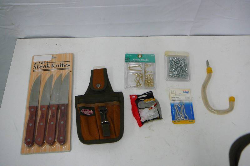 lot 34 image: Steak knives Bucket Boss Hardware Hooks Screws Cable clamps NEW