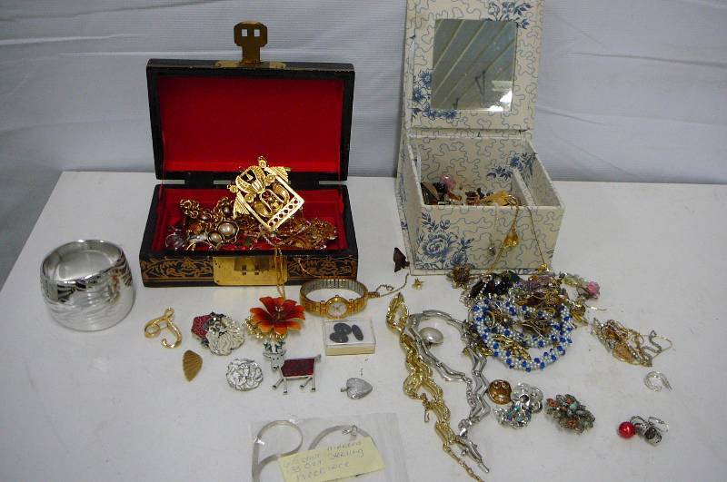 lot 97 image: 2- Jewelry boxes filled with jewelry included marked Sterling 6.5 dwt  .33 ozt