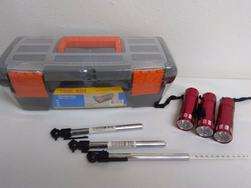 lot 37 image: Tool Box, Tire Gauges(3)  and LED Flashlights (3)