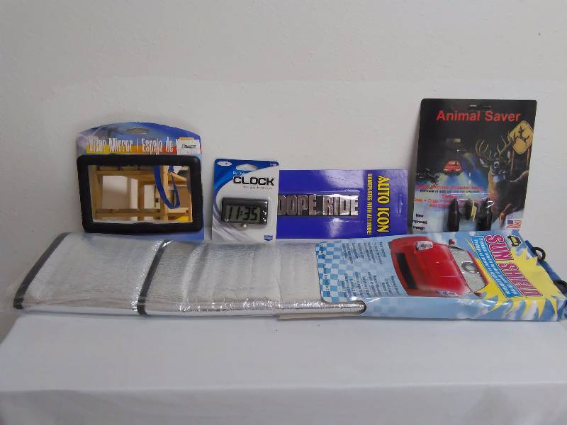 lot 186 image: Auto Accessory Variety (5 pc) Mirror, Clock, Name Plate, Animal Saver, Sun Shield