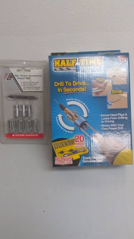 lot 193 image: Half-Time Drill Driver, as seen on TV, 20 bits and accessories Half-Time Drill Driver and 8 pc. Power screwdriver socket set