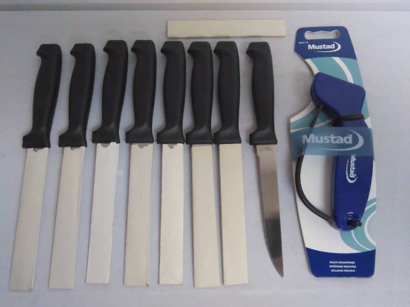 lot 341 image: Steak Knives (8) Forever Sharp Stainless Steak Knife and Mustad Knife Sharpener