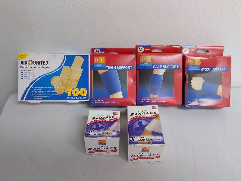 lot 465 image: First Aide Supply - Thigh, Calf and wrist supports, gauze and bandages