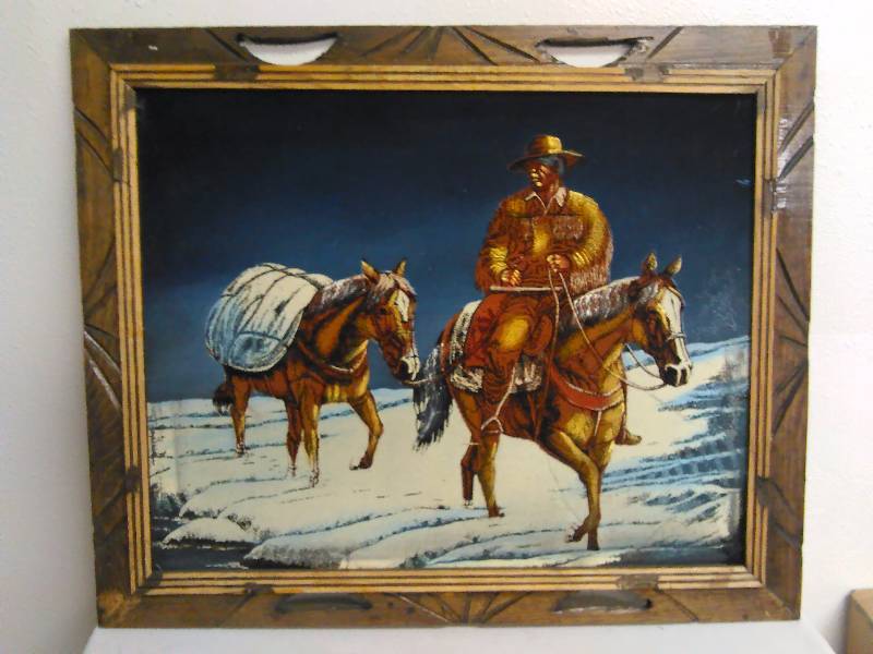 lot 510 image: Oil on Velvet Painting, Horses and Cowboy, 23.5 x 19.25