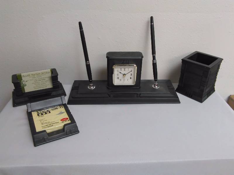 lot 528 image: 4 pc. Desk Set, Pen Holder, post it note holder, Business card Holder and pen Stand with Clock, Ceramic, Heavy Duty