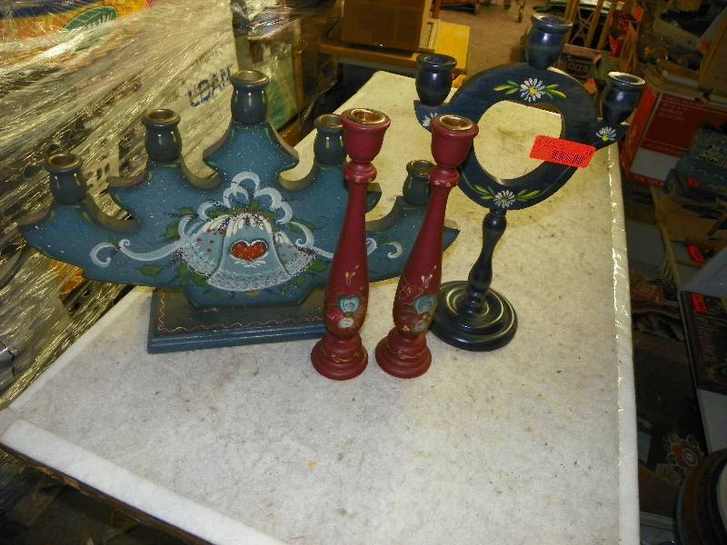 lot 37 image: wooden dcor, three candle holders with rosemal painting