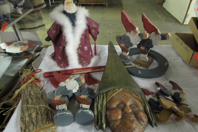 lot 62 image: Santa, wood cutout trolls, wood carved head