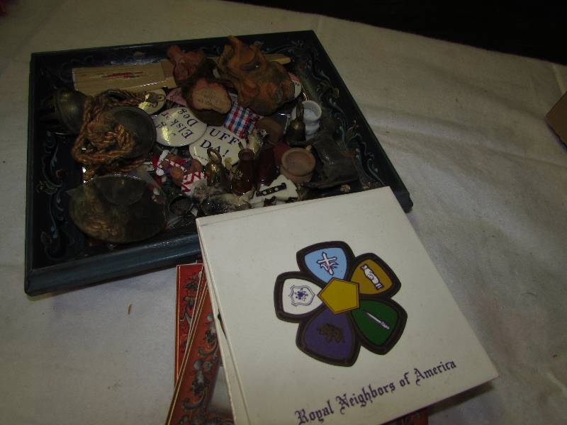 lot 71 image: rosemal painted mirror, pins and misc. Tiles with Norwegian scenes