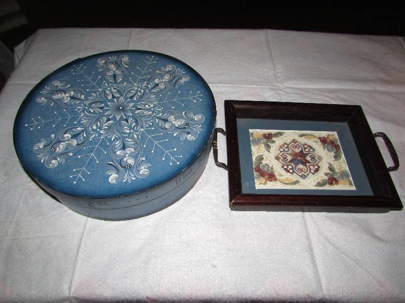 lot 88 image: Round wood box hand painted, and small embroidered tray