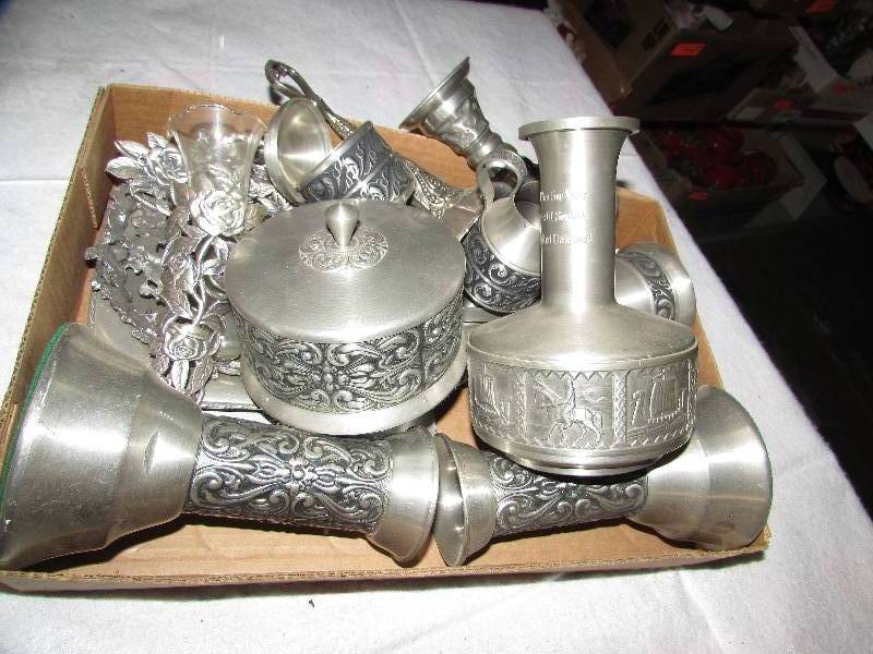 lot 93 image: Metal vase, candle stick, platters, small pitchers