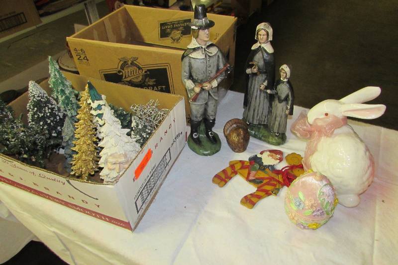 lot 102 image: Trees for holiday decoration, Thanksgiving Pilgrim figures, rabbit, troll on a horse