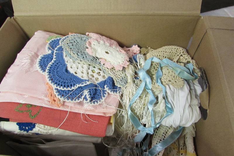 lot 103 image: Linens, doilies, cross stitch items, towels