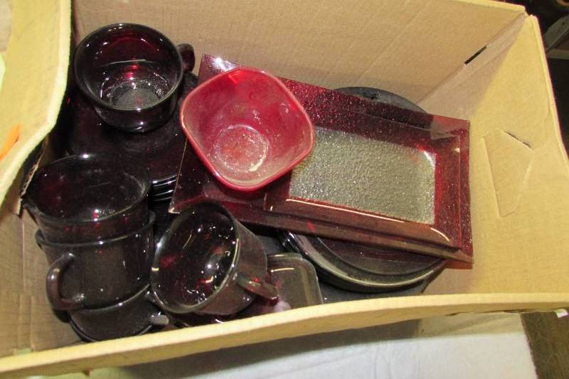 lot 105 image: Red Glass dishes, place setting for 8, plus two red and clear platters