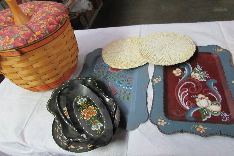 lot 106 image: Longaberger Basket, metal rosemal painted platters and wood rosemal painted platters