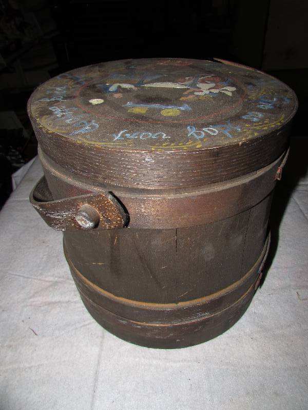 lot 112 image: Wooden pail, broken lid, rosemal painted full of crafting supplies, yarn, doll heads and more