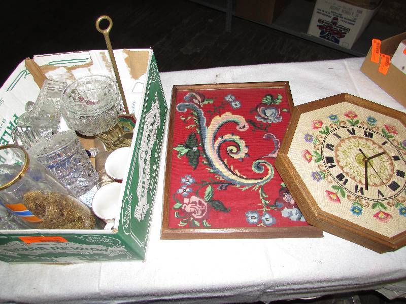 lot 122 image: Embroidered picture and clock, glass wares