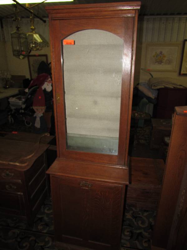 lot 6 image: Vintage Hutch, has glass shelves on top. Bottom door drops down. Very unique.