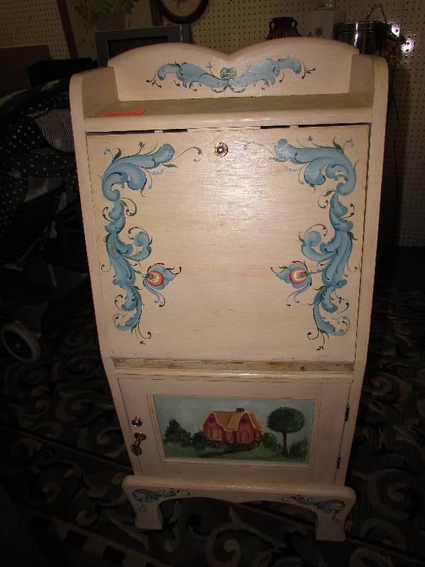 lot 12 image: Vintage Secretary Desk with rosemal painting, drop down front and door on the bottom