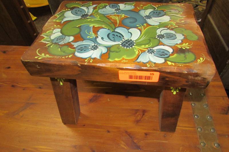 lot 15 image: Footstool with rosemal painting