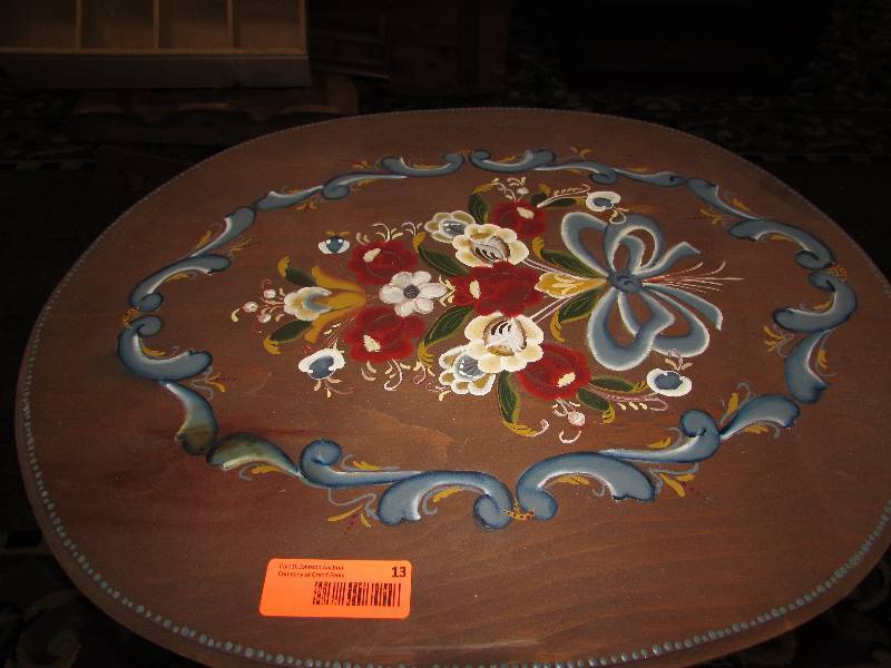 lot 13 image: Vintage side table with rosemal painting