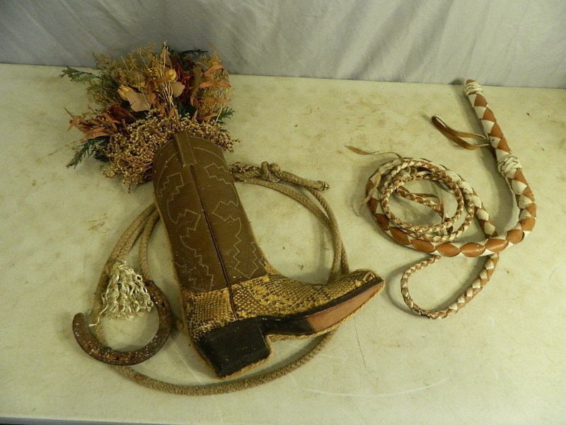 lot 17 image: Leather Whip and Western Decor