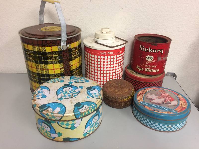 lot 4 image: Vintage Cooler, Jug and Assorted Tins
