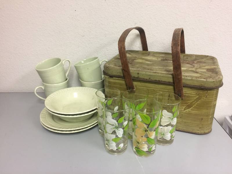 lot 6 image: Metal Bread Basket and Dishes