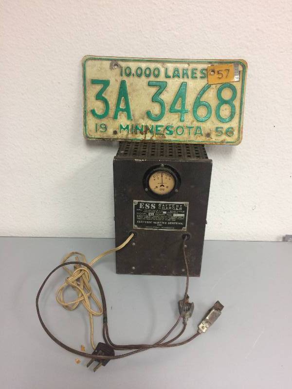 lot 12 image: Vintage ESS Battery Charger wLicense Plate