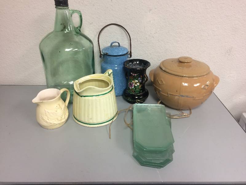 lot 14 image: Vintage Glass Jug, Tea Pot, Creamer, Vase, Ovenware, Enamelware and Glass Panels