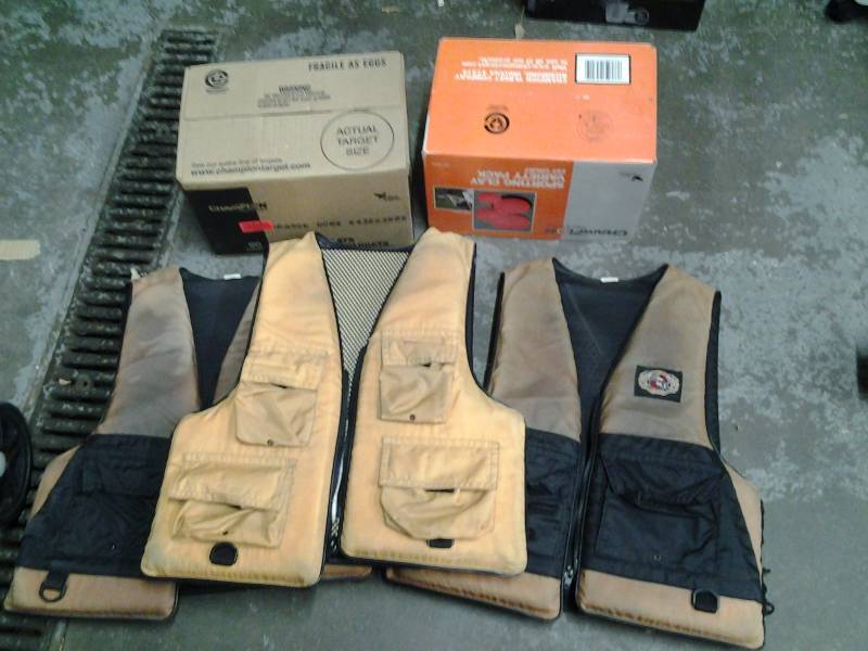 lot 24 image: Sporting Clays, Variety Pack 34 Full, Standard Clays Full Box, 3-Adult Stearns Life Jackets